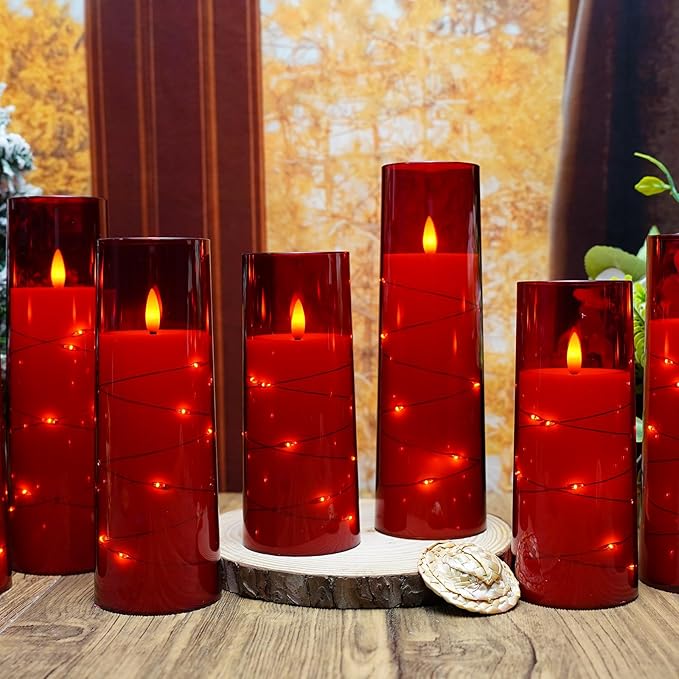 Flameless LED Candles with Timer 9 Pc Flickering Flameless Candles for Romantic Ambiance and Home Decoration Stable Acrylic Shell,with Embedded Star String，Battery Operated Candles（Red）