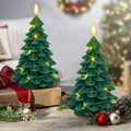GenSwin Christmas Tree Flameless Candles, Christmas LED Taper Candles with Remote Timer and 3D Flame, 2 Pcs Green LED Pillar Candlesticks with String Lights for Christmas Home Decoration(3” x 7.1”)