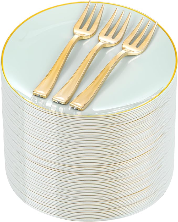 Festiva 200Pcs Pale Sage Green Gold Cake Plates 6.3" with Plastic Forks 5"- Disposable Salad Plates-Green Dessert Plates-Appetizer Plastic Plates - include 100Plates 100Forks for Party&Wedding&Easter