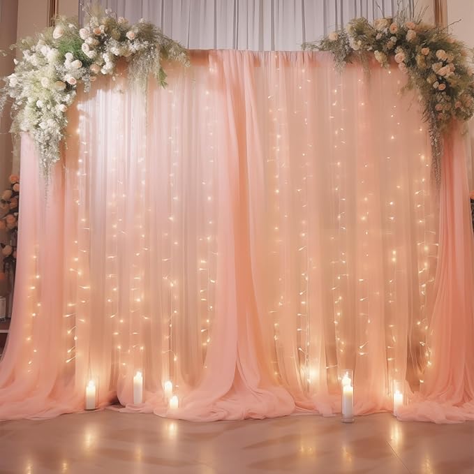30×10ft Peach Tulle Backdrop Curtain with Lights String for Parties, Sheer Curtain Backdrop Drapes for Wedding Party Home Decorations