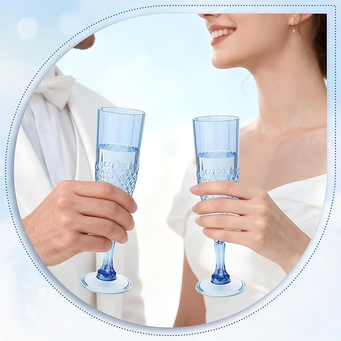 Plastic Champagne Flutes, 24PCS Blue Wine Glasses Goblets Cups Reusable Flute, for Weddings Bachelor Parties Toasting and Events (24, Blue)