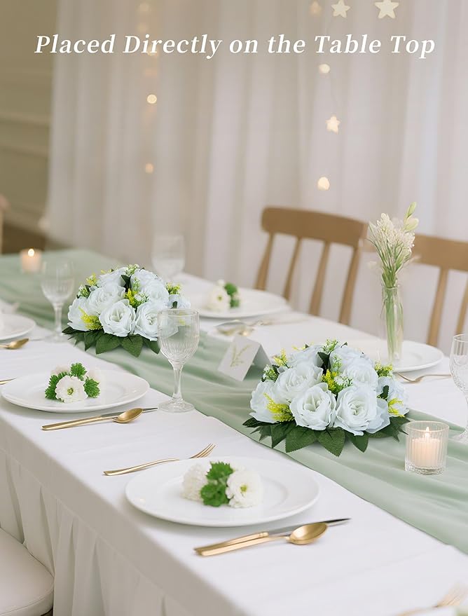 BLOSMON White Fake Flowers Centerpieces: 6 Pcs Artificial Roses Flower Ball for Wedding Dinning Table - Faux Silk Kissing Bouquet Floral Arrangement for Home Party Event Decor