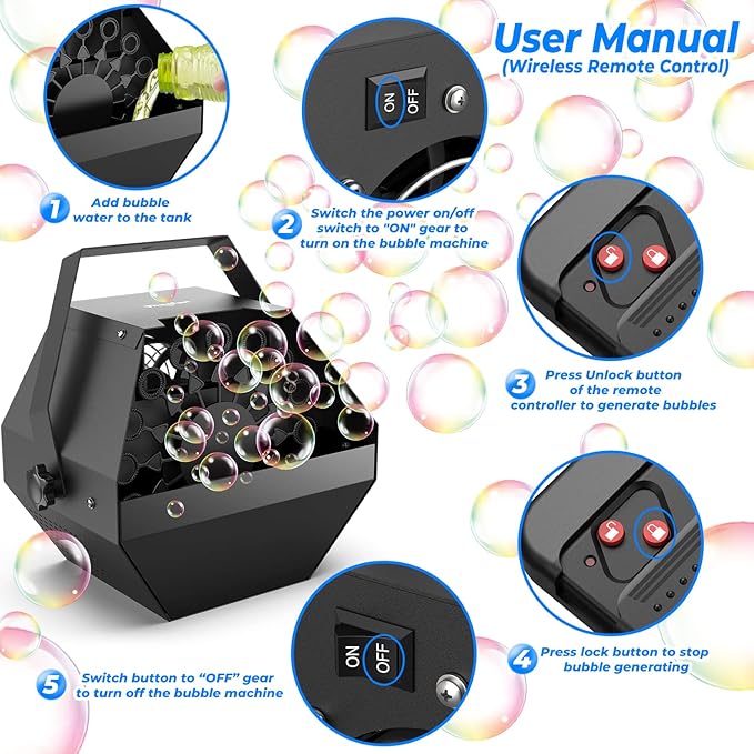 Theefun Bubble Machine: Remote Control 750ML Metal Bubble Blower Wireless USB Plug-in or 4 Batteries Operated High Bubble Output Automatic Bubble Maker for Party Wedding Birthday Indoor Outdoor Use