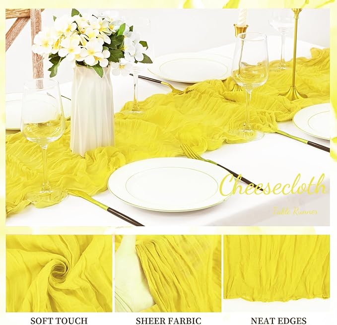 12 Pack Yellow Cheesecloth Table Runner 20 x 120 Inch Long Rustic Gauze Cheese Cloth Table Runner for Wedding 10FT Bridal Baby Shower Table Decorations Boho Fabric Sheer Birthday Party Table Decor