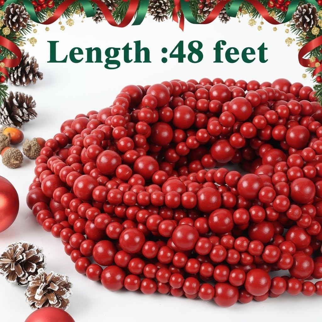 48ft christmas wood bead garland rustic holiday decor shown in use