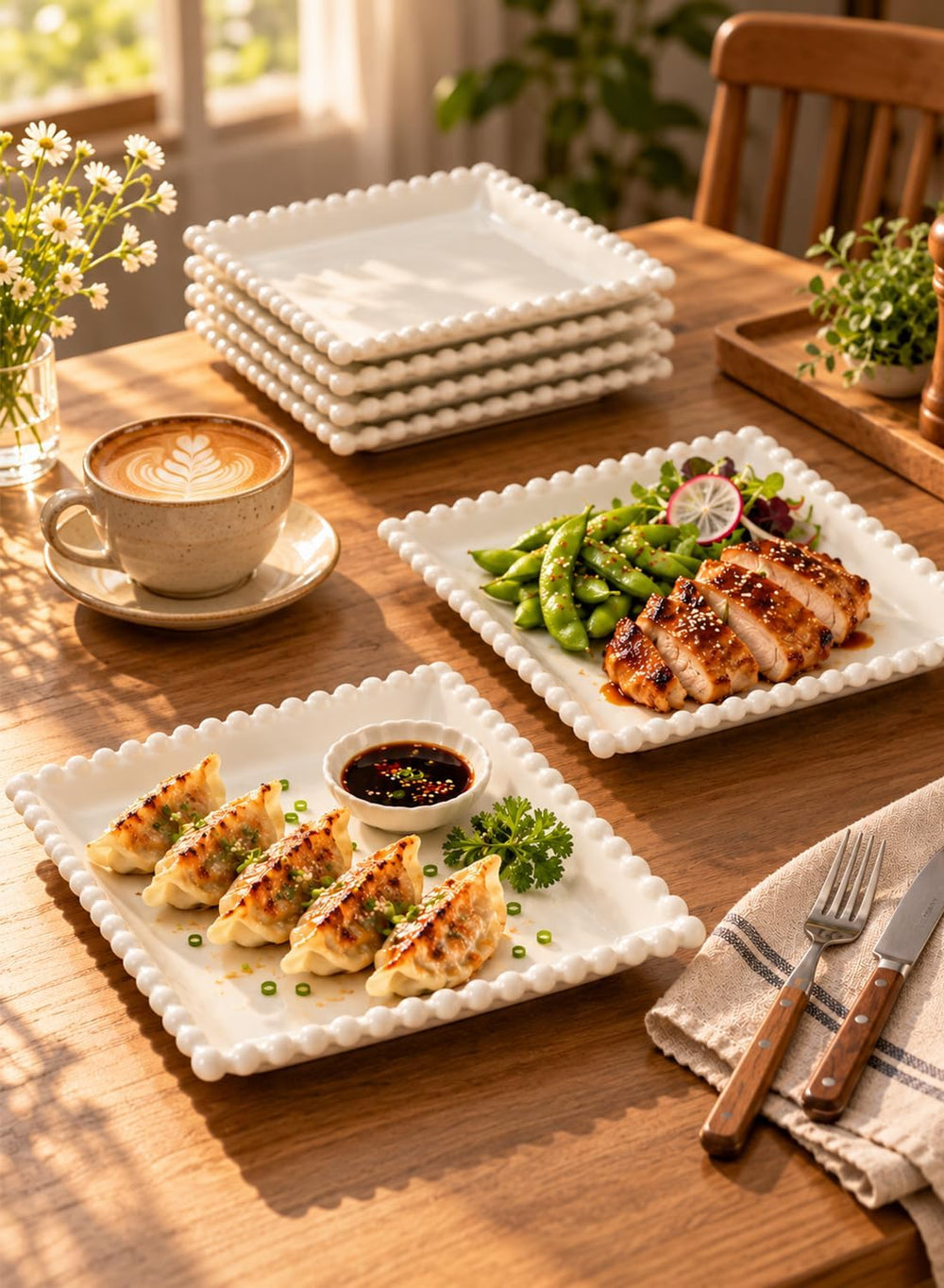 8.5 Inch Ceramic Square Pasta Plates, White Porcelain Dinner Plate Set of 6