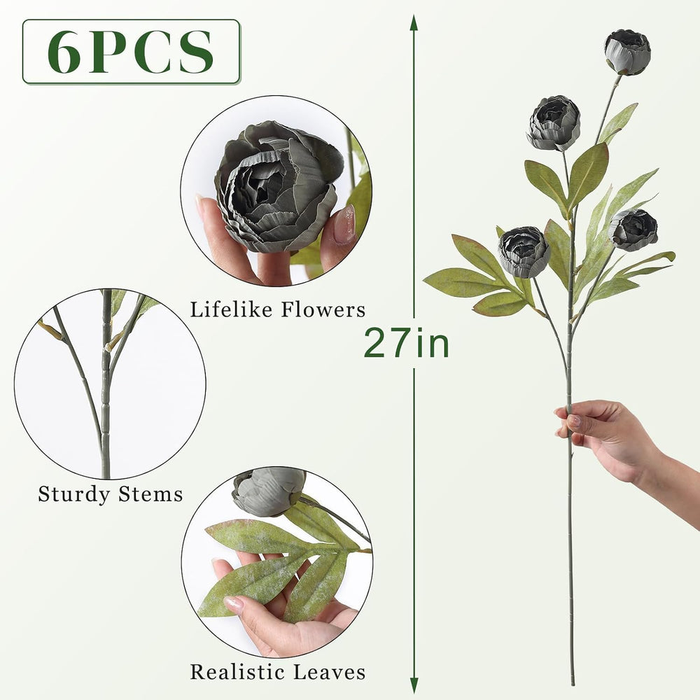 6 Pcs 27" Faux Silk Peony Artificial Flowers Stems for Vase (Dark Gray)
