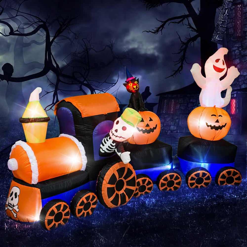AJY 9 Feet Halloween Inflatable Train with Kittens White Ghosts/Pumpkin