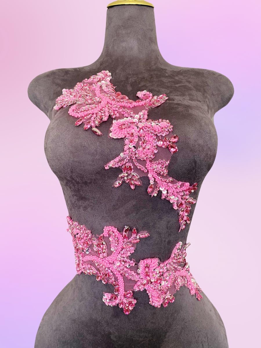 Handmade Rhinestones on Lace Applique Trim Sewing Beads Sequins Trim Patches ...