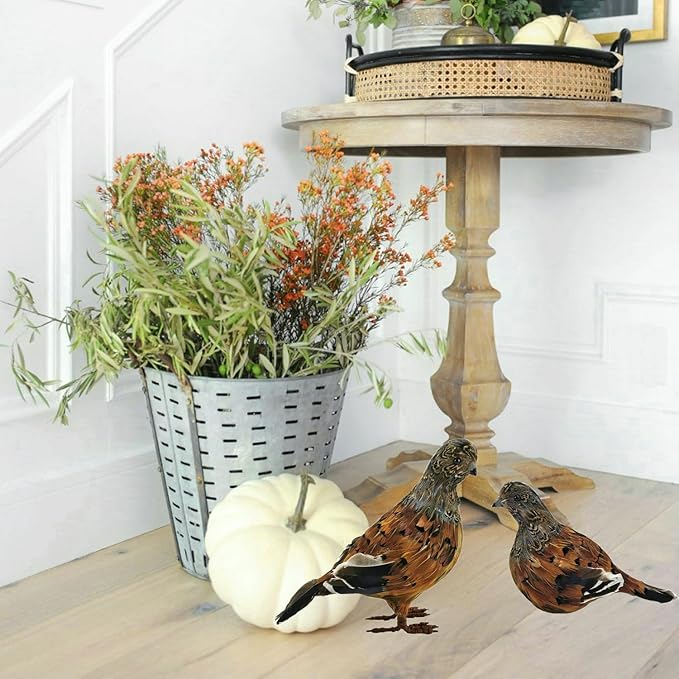 naturevibe 7.5 Inches Feathered Quail Set of 2 Fall Decorations,Artificial Woodland Animals Fall Figurines with Natural Feather as Centerpiece Table Decorations or Autumn Harvest Decor