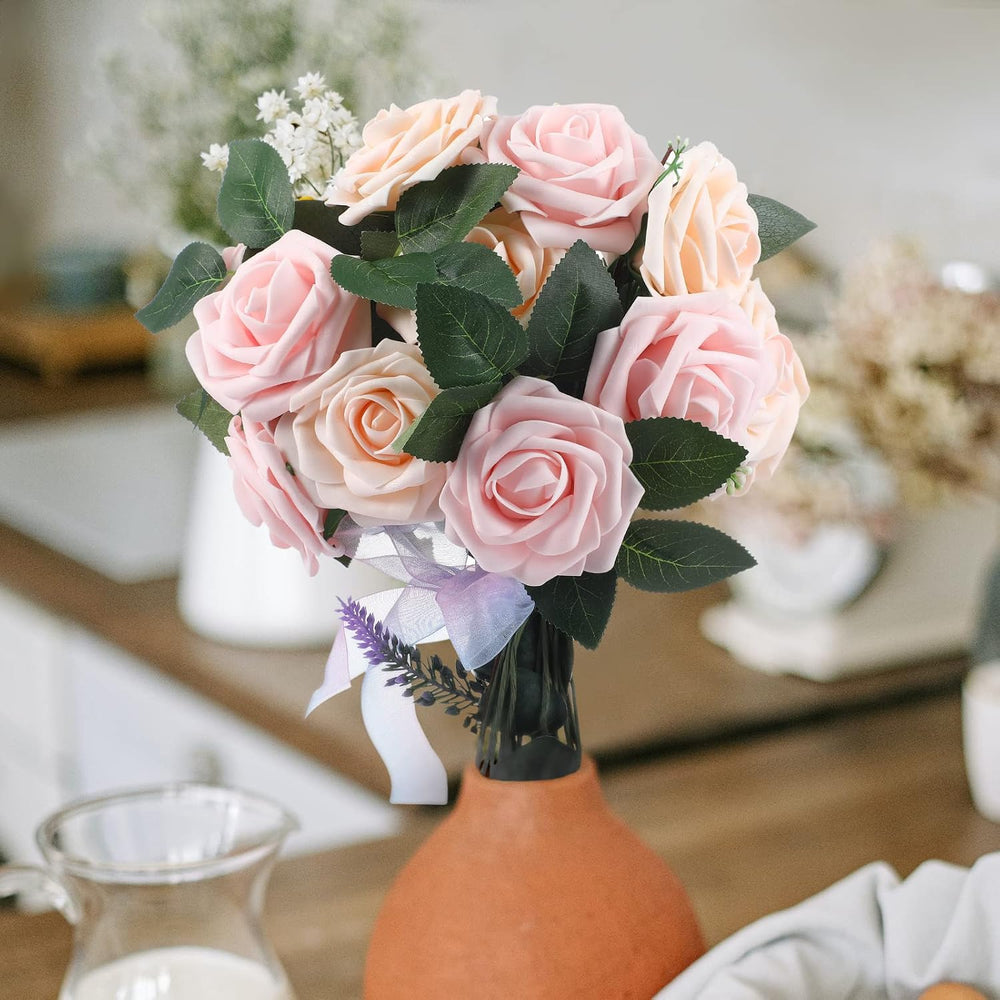 100 Pcs Artificial Rose Flowers, Pink, Champagne