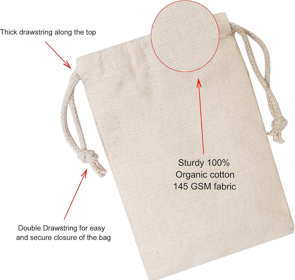100Pcs 8 x 10 Inches Premium Cotton Muslin Double Drawstring Bags, Reusable B...
