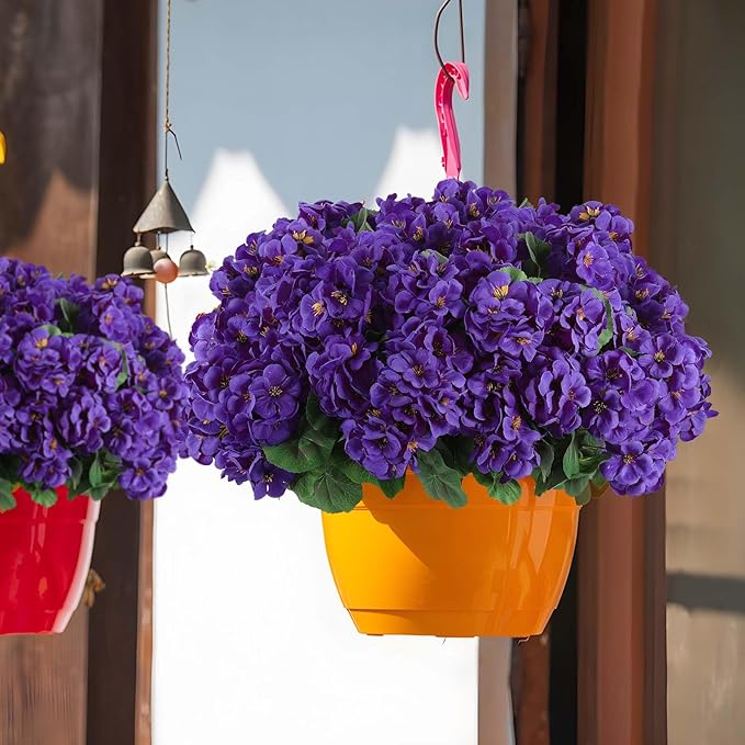Hananona Artificial Geranium Flowers for Outdoors Geranium Silk Flowers Outdoor UV Resistant Garden Plants Faux Flowers for Home Kitchen Table Centerpieces Decor (12, Purple) (12 Pcs)