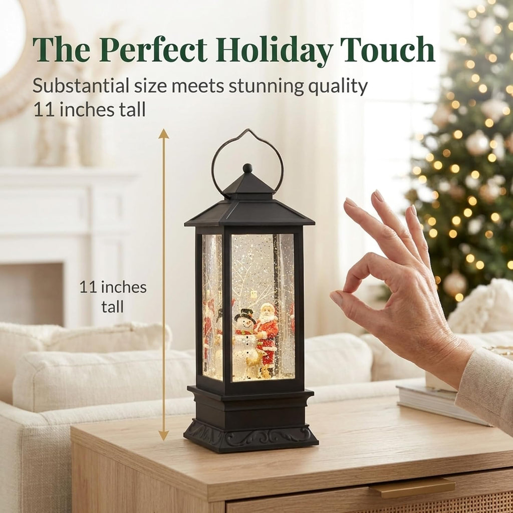 lighted snow globe lantern: 11 inch, black holiday, close-up detail
