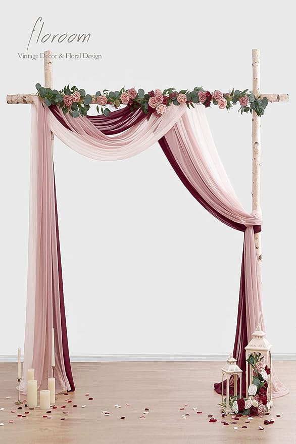 Floroom Wedding Arch Draping Fabric 3 Panels 20Ft Chiffon Fabric Drapes Arbor Drapery Wedding Ceremony Reception Swag Decorations (Burgundy +Dusty Rose +Blush)