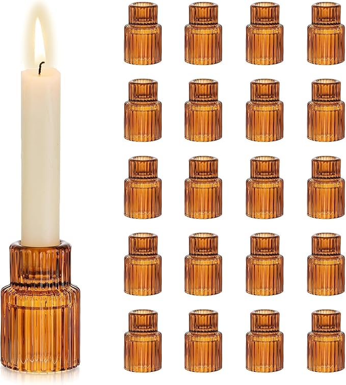Hewory Glass Taper Candle Holders: 20 PCS Amber Elegant Candle Holder Candlestick Holders Bulk, Ribbed Glass Candle Holder Candle Sticks Holder Decor for Table Centerpiece Fall Thanksgiving Home Decor
