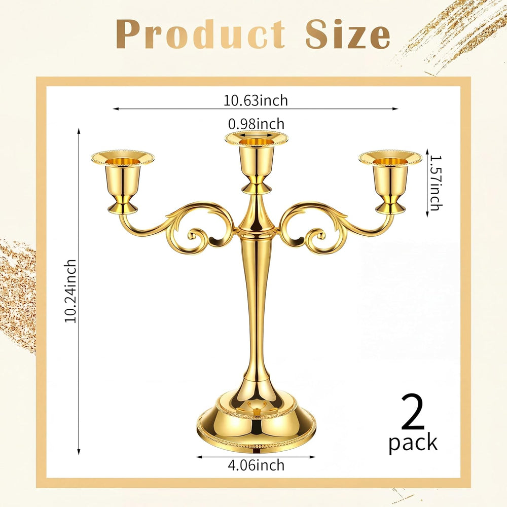 2 Pcs 3 Arm Metal Candelabra Gold Candlestick Holders 10 Inch