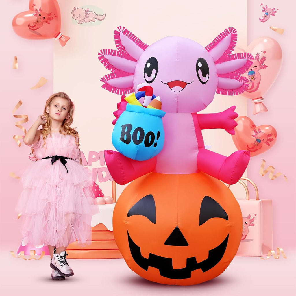 anroog halloween decorations outdoor 5.2ft axolotl inflatables pumpkin, close-up detail