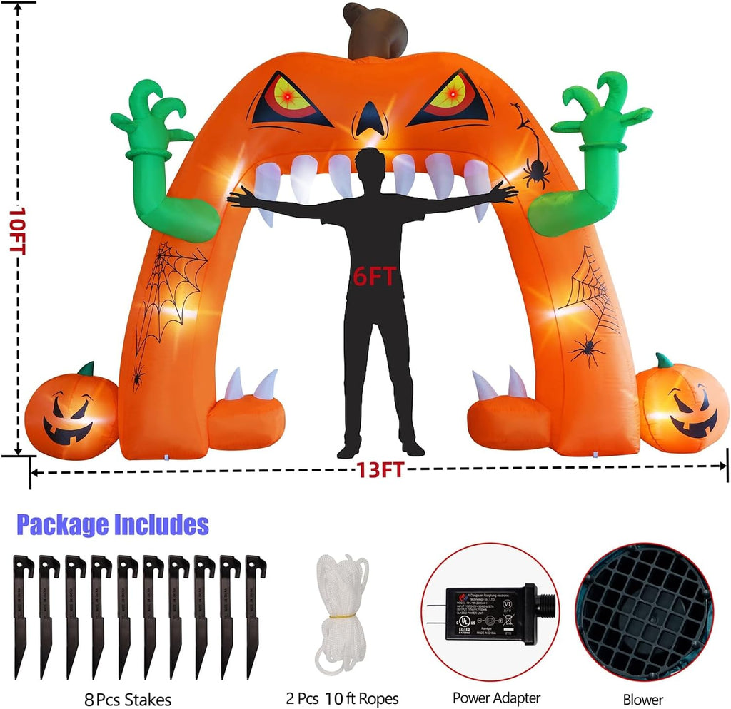 Juegoal Halloween Inflatable Lighted Pumpkin Archway 13 FT(L) x 10 FT(H), Giant Jack-O-Lantern Lawn Arch with Build-in LED, Animated Halloween Yard Prop, Outdoor Holiday Blow up Decor