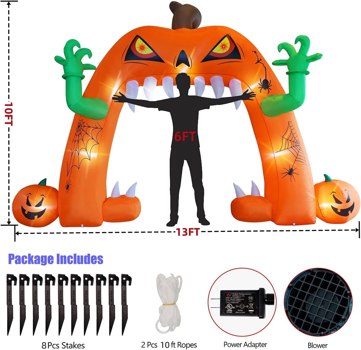 Juegoal Halloween Inflatable Lighted Pumpkin Archway 13 FT(L) x 10 FT(H), Giant Jack-O-Lantern Lawn Arch with Build-in LED, Animated Halloween Yard Prop, Outdoor Holiday Blow up Decor