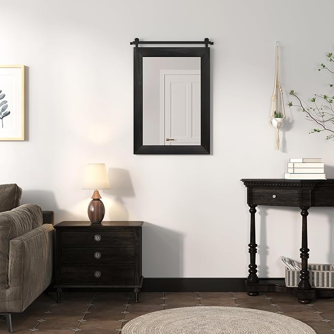 COGOOD Farmhouse Barn Door Mirror - 17 x 26 Rustic Wood Framed Wall Mirror for Bathroom, Living Room, Entryway Wall Decor (Black)