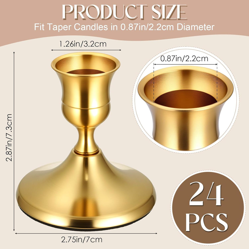 24PCS Brass Gold Taper Candle Holders, Vintage Metal Candlestick Holders