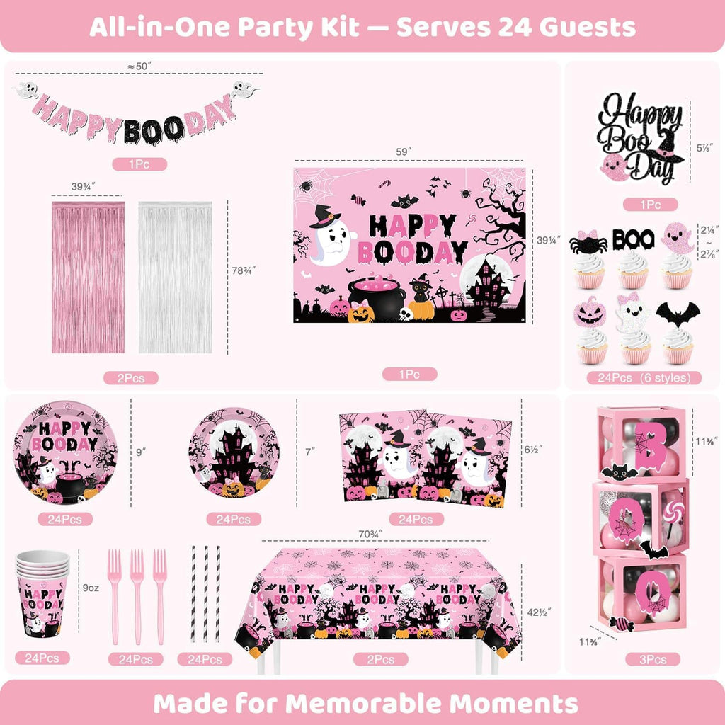 Happy Booday Party Decorations, Pink Halloween Birthday Decorations for 24