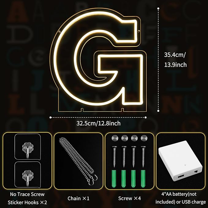Light Up Letters G, Led Marquee Letter Lights Neon Sign, 13.9" Height Decorative Lighted Alphabet Number, Battery/USB Powered Led Letters Lights for Wedding, Birthday, Party, Christmas or Home Decor