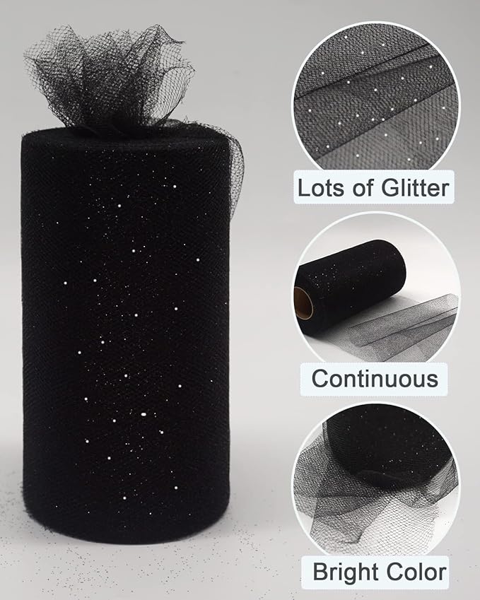 Black Glitter Tulle Fabric Rolls, 6 Inch 50 Yards (150ft) Sparkling Spool Ribbon Sequin Netting for Tutu Skirt Gift Wrapping Wedding Party Decoration (Black)