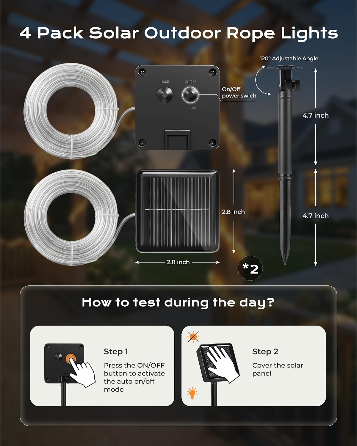 brightown 4 pack 39ft 100led warm white solar showing dimensions