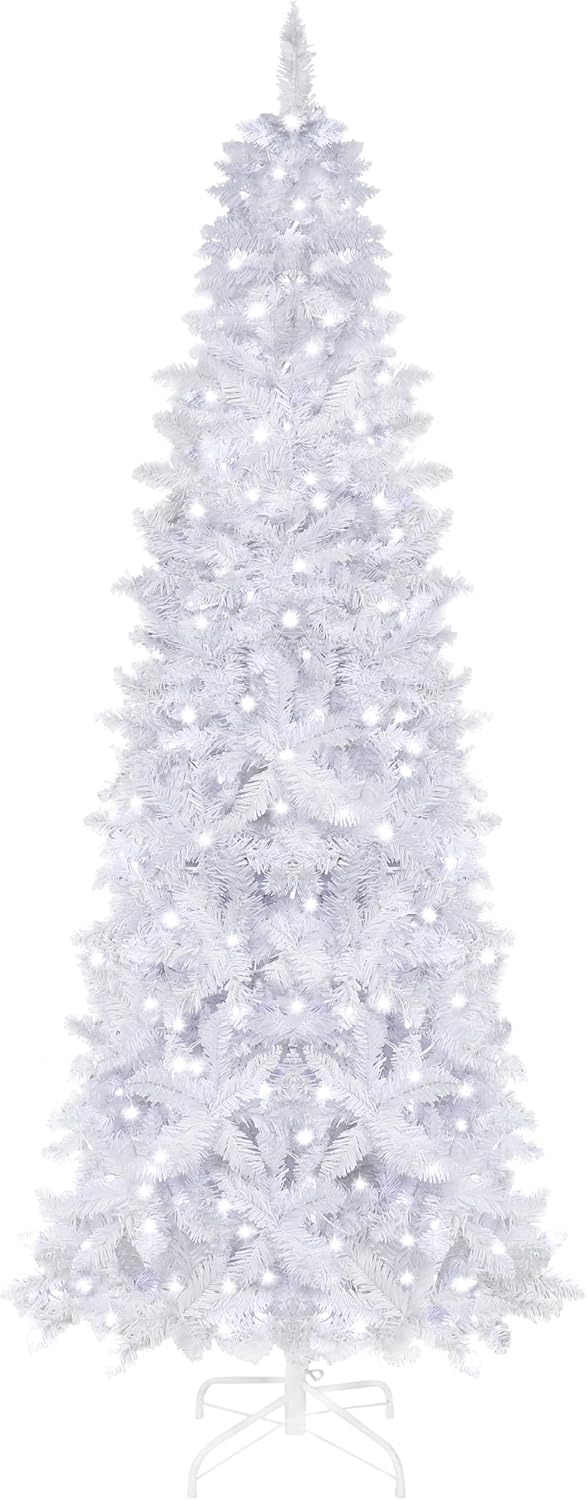 Yardenaler 7.5FT Artificial Christmas Tree with 350 LED Lights, 900 Branches Pre-Lit Pencil Christmas Tree, Slim Xmas Tree with Base for Indoor, Cool White Lights Festival Decoration for Party, White