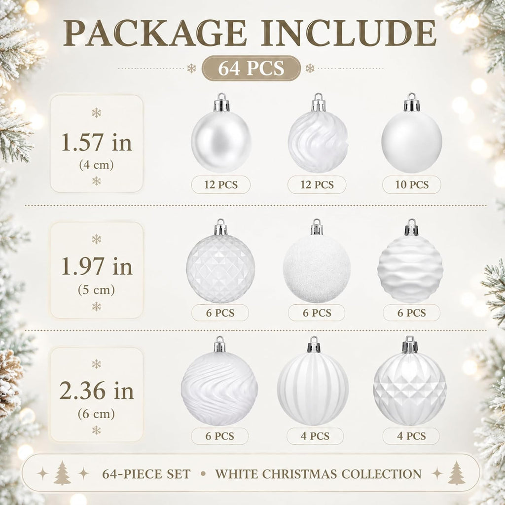 lunmon 64 pcs white christmas ball ornaments modern, close-up detail