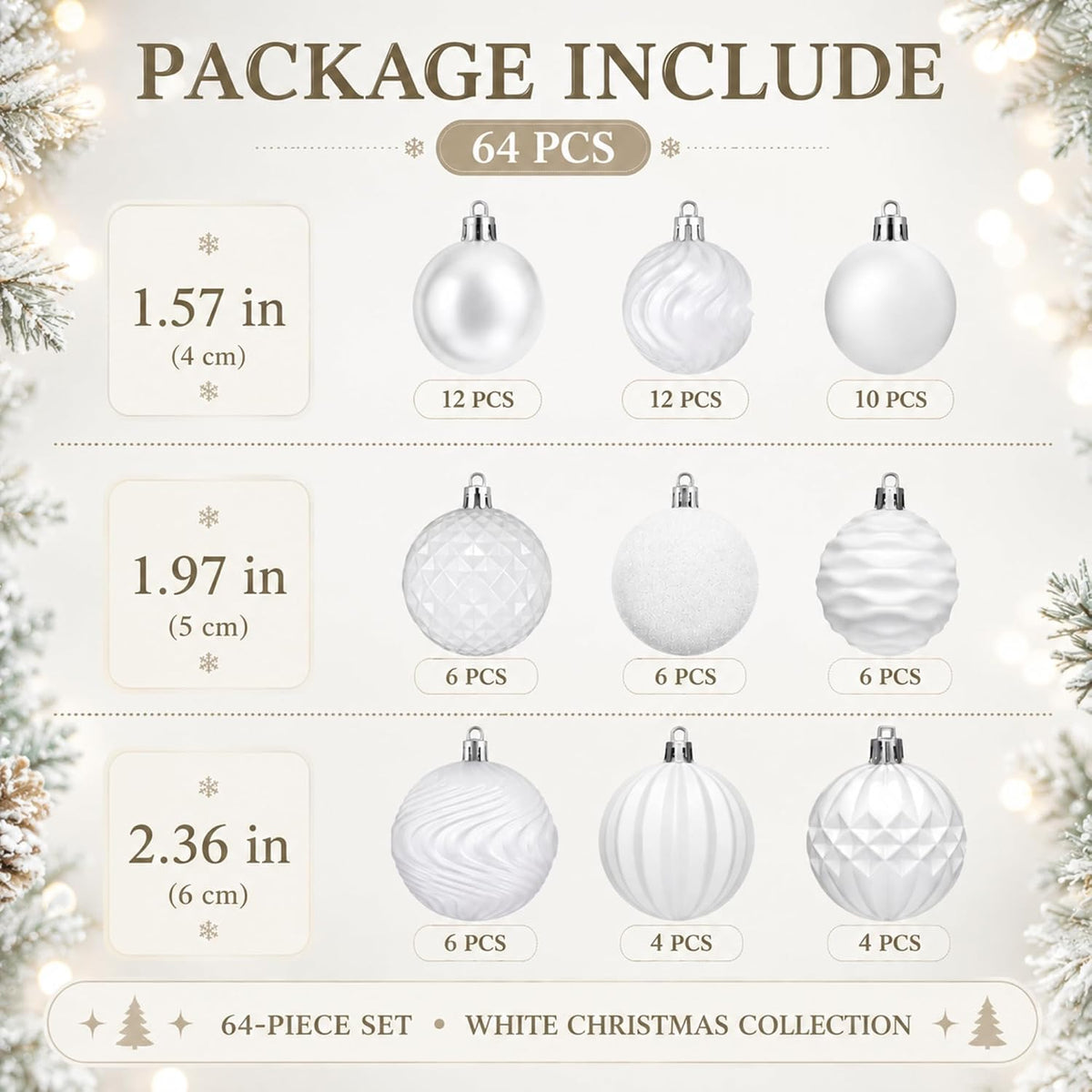 lunmon 64 pcs white christmas ball ornaments modern, close-up detail