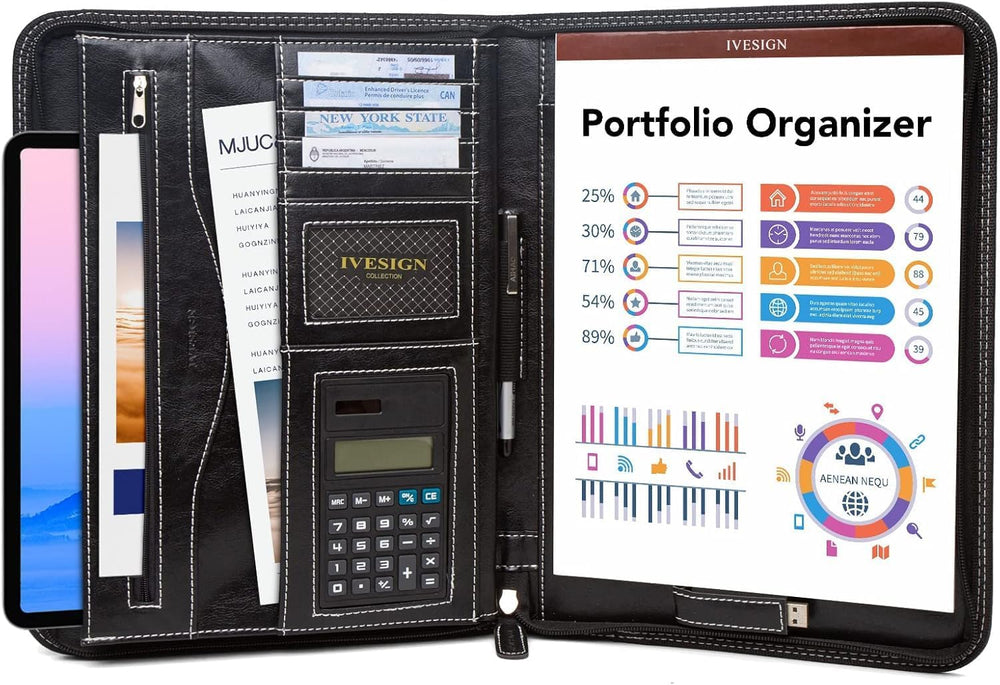 Faux Leather Portfolio Padfolio Organizer with Calculator, Writing Pad, Zippe...