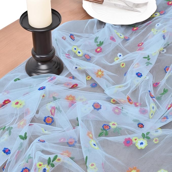 Joanlody 3pcs Blue Embroidery Daisy Fall Thanksgiving Table Runner Florals Seasonal Tulle Table Runner Holiday Kitchen Dining Table Decoration Wedding Party