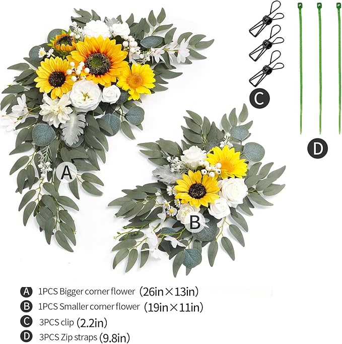 Faux Flower Swag Set of 2 for Wedding Welcome Signs Floral Swag Wedding Reception Ceremony Signs Decor (Sunflower & White)