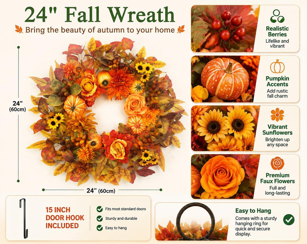 24 inch fall wreaths for front door autumn shown in use