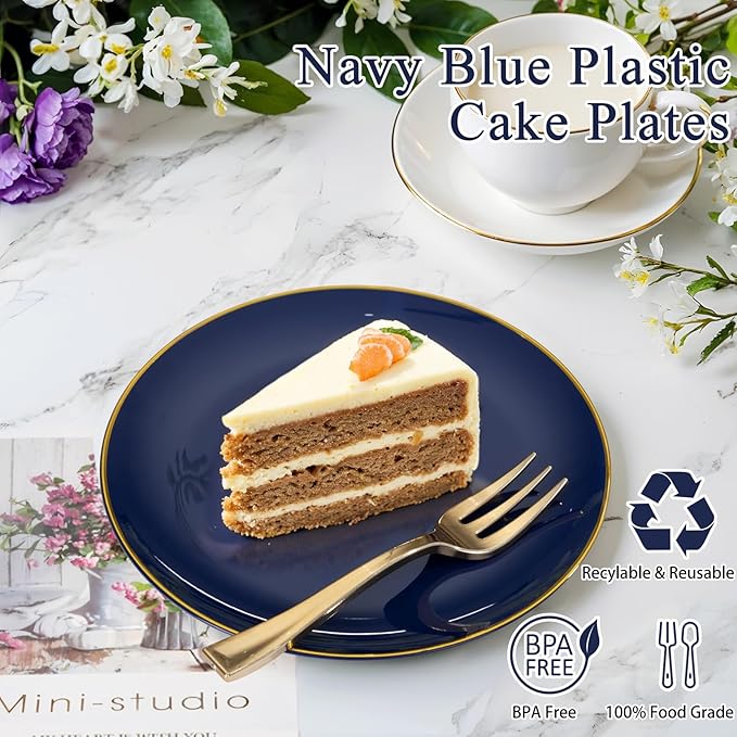 Festiva 200Pcs Navy Blue Gold Dessert Plates 6.3" with Plastic Forks 5"- Small Disposable Plates- Dessert/Cake/Appetizer Plastic Plates include 100Plates 100Forks for Christmas Party & Hanukkah