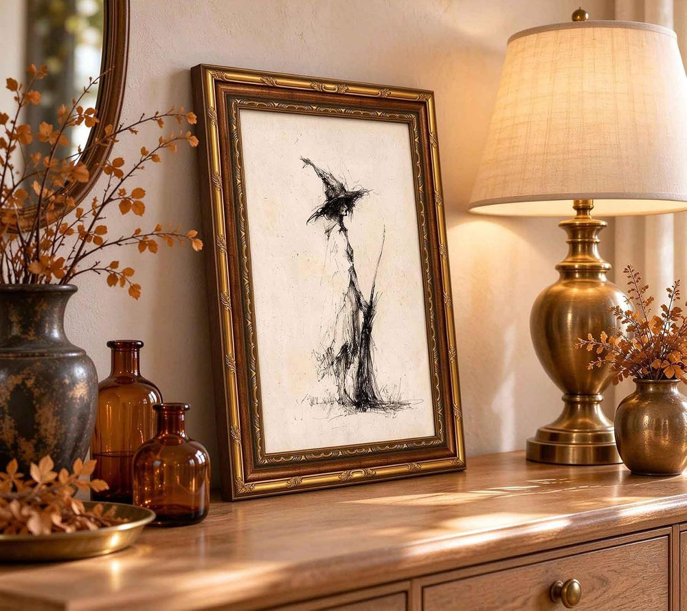 Vintage Witch Canvas Wall Art, Gold Framed Gothic Sketch Print