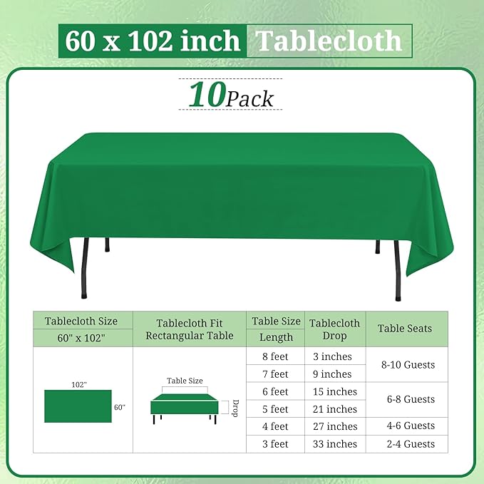 10 Pack Green Tablecloths for 6ft Rectangle Tables 60 x 102 Inch - Polyester Table Cover Stain and Wrinkle Resistant Washable Fabric Table Clothes for Wedding Party Banquet Reception Restaurant