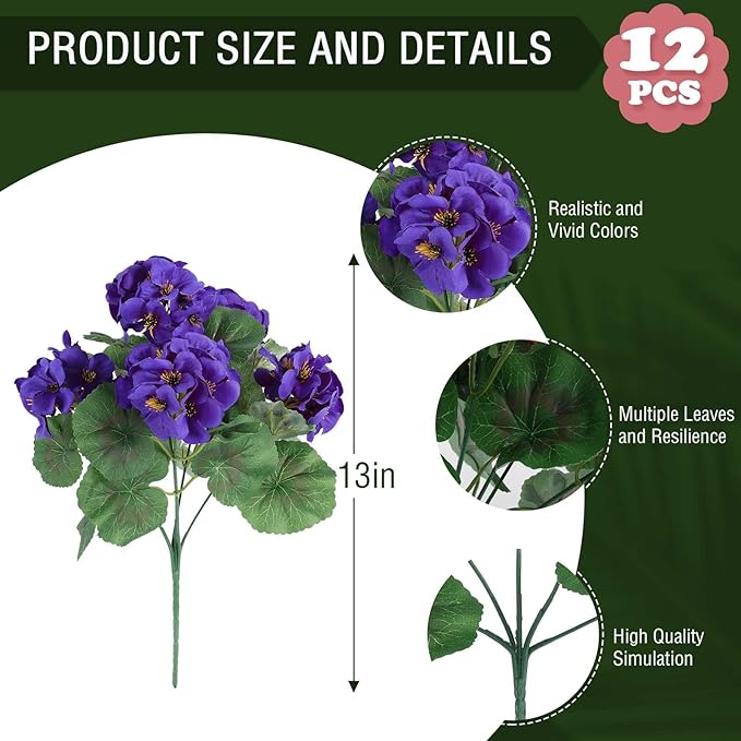 Hananona Artificial Geranium Flowers for Outdoors Geranium Silk Flowers Outdoor UV Resistant Garden Plants Faux Flowers for Home Kitchen Table Centerpieces Decor (12, Purple) (12 Pcs)