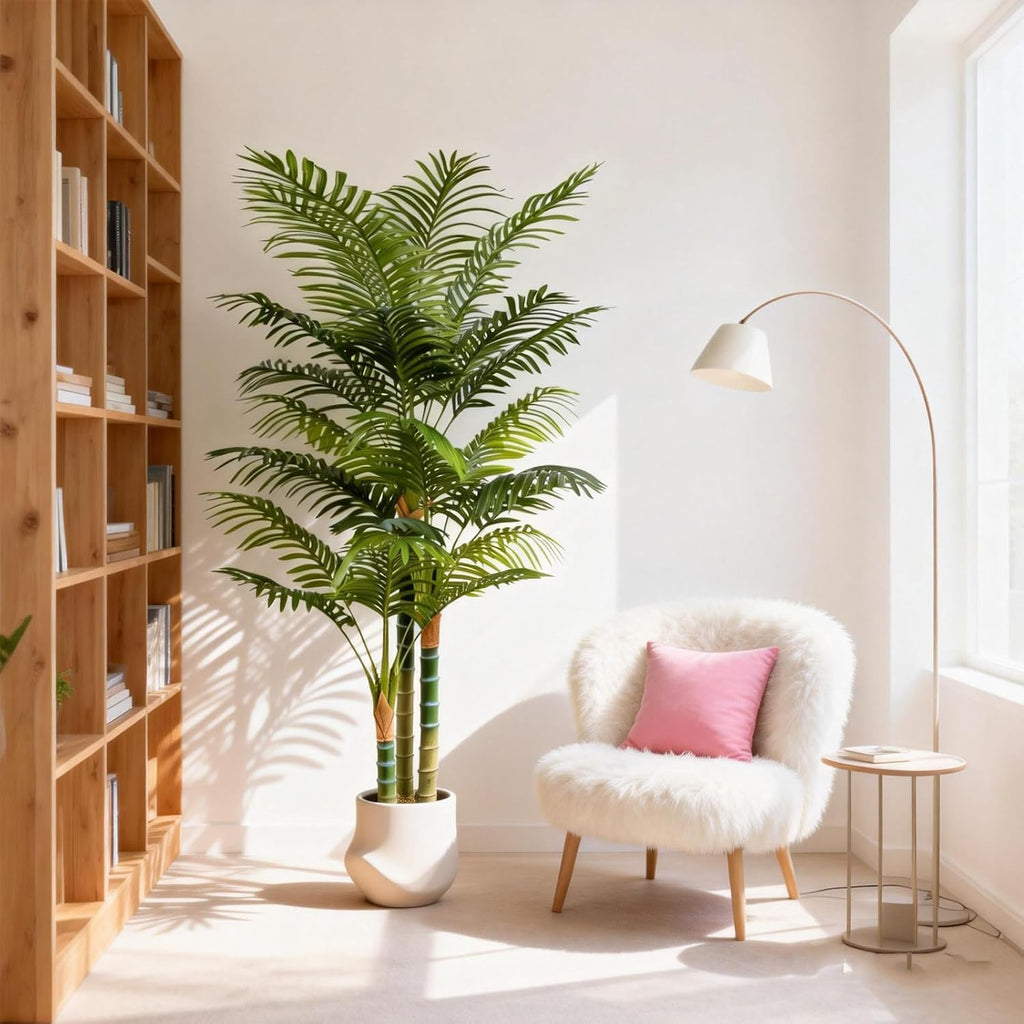 6FT Tall Golden Cane Artificial Palm Tree, Large Faux Palm Tree with 3 Textured Trunks, Outdoor Artificial Plants, Fake Tree for Indoor Office Living Room Outside Patio.