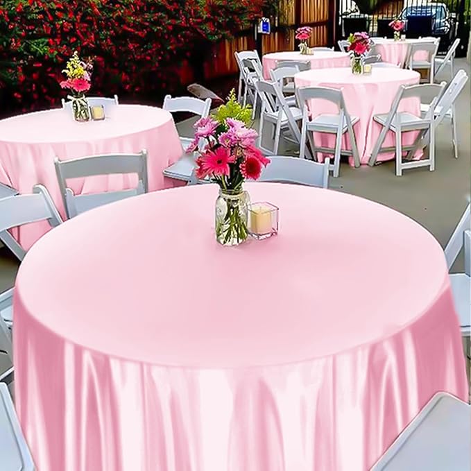 fani 12 Pack 120 Inch Light Pink Satin Tablecloth - Silky Round Tablecloth Overlay Smooth Fabric Table Cover, Bright Table Decoration for Wedding Party Banquet Events Restaurant Kitchen Dining