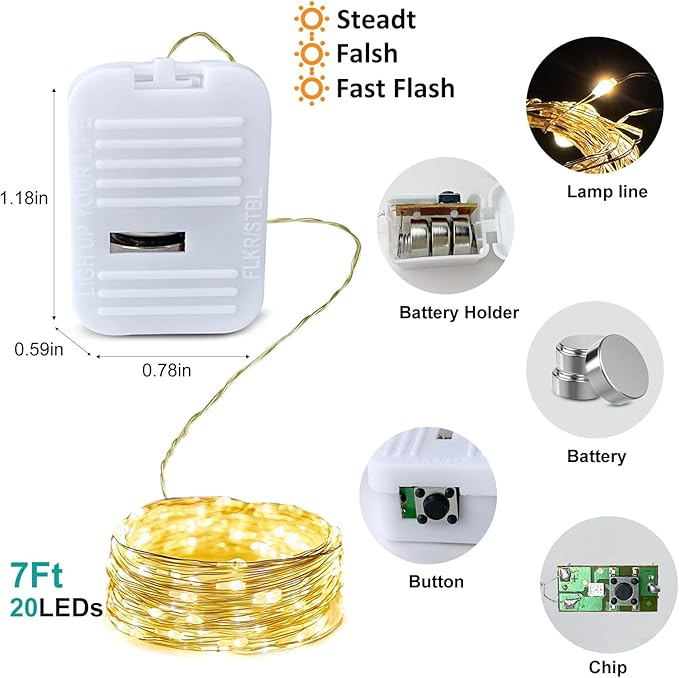 24 Pack Led Fairy Lights - Warm White, Battery Operated LED Silver Wire String Lights, 7FT 20LED Mini Firefly Starry String Lights Waterproof Led Twinkle Lights for Mason Jar DIY Christmas Decor
