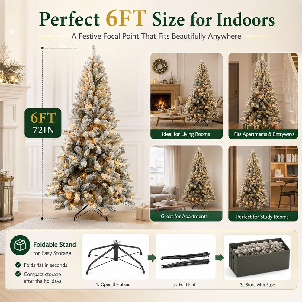 6ft flocked christmas tree prelit，Premium Artificial Xmas Tree