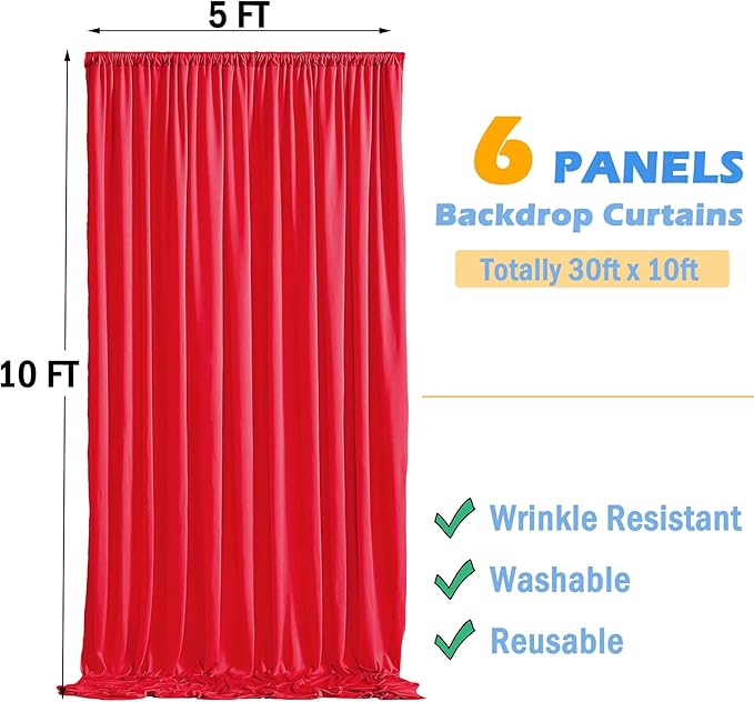 30ftx10ft Red Backdrop Curtains for Parties, Wrinkle Free 6 Panels 5x10ft Silky Photo Backdrop Drapes Back Drop Cloth for Wedding Birthday Photography Baby Shower Background Decor
