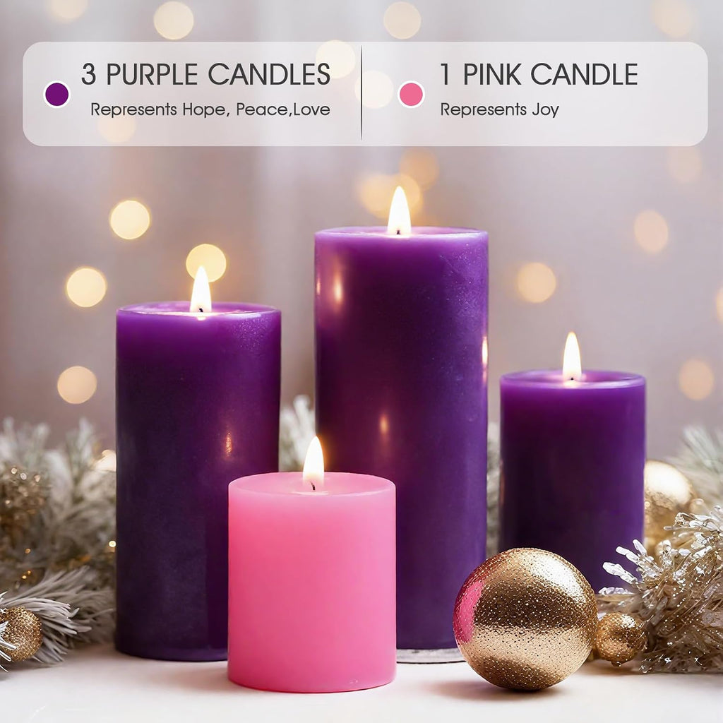 Advent Candle Set of 4, Unscented Pillar Candles 3" x 6" Hand-Poured, Advent Pillar Candle can Burn 120 Hours, Christmas Advent Candles for Advent Wreath