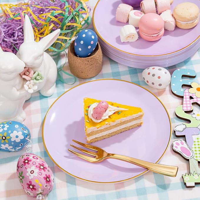 Festiva 200Pcs Purple Gold Dessert Plates 6.3" with Plastic Forks 5"- Disposable Lavender Purple Cake/Appetizer/Salad Plates - serve 100 guests for Party&Wedding&Easter