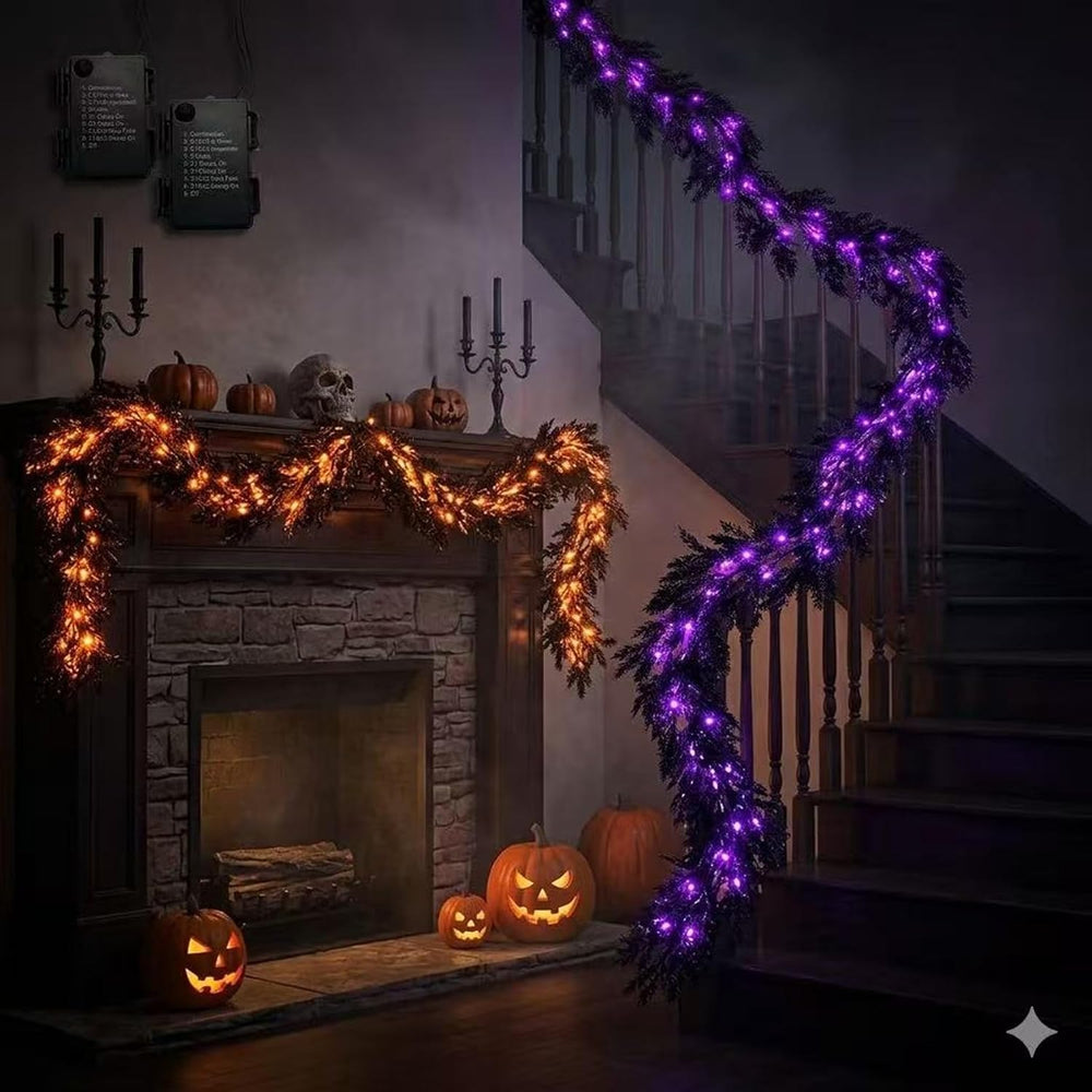 6 FT Prelit Black Halloween Garland, 30 LED Purple Orange