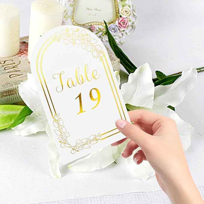 Wedding Table Numbers 1-40, 40 White Gold Cards with 40 Gold TableNumber Holders for Wedding Reception(Card and Holder) (Set of 40)